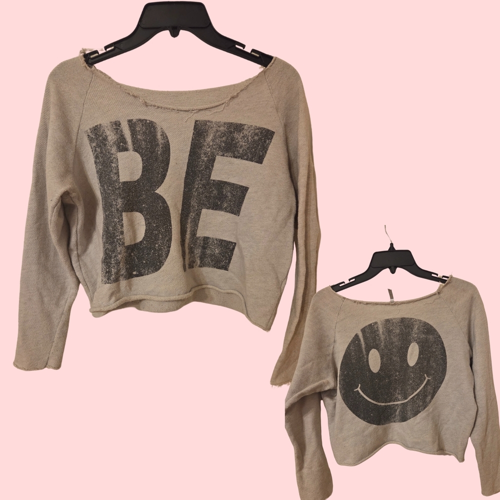 BE Happy Beige Sweater with Graphic Print